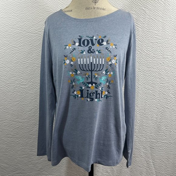 Croft & Barrow Classic Tee L/S Graphic Love & Light Hanukkah Top Blue Sz L - Picture 1 of 5
